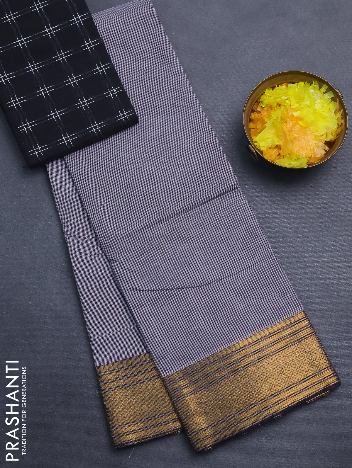 Chettinad cotton saree off white and black with allover small checked pattern and zari woven border