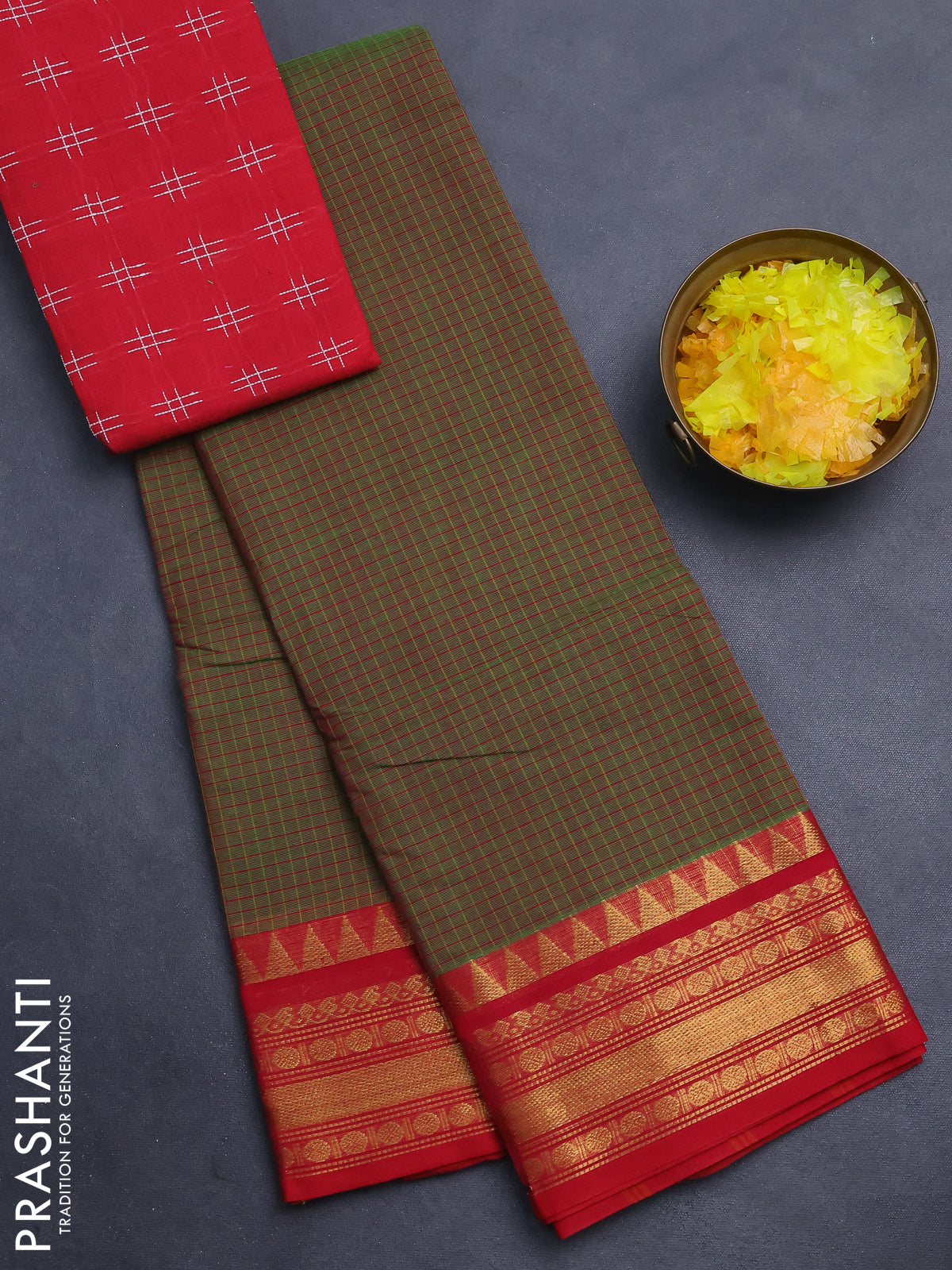 Chettinad cotton saree manthulir green and red with allover checked pattern and zari woven border