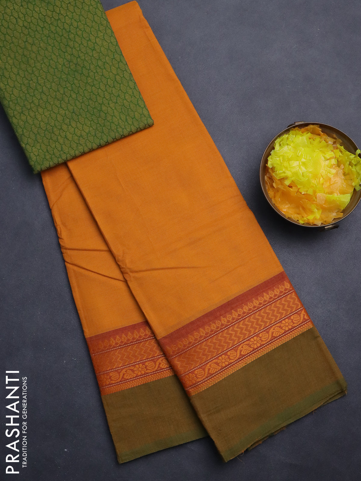 Chettinad cotton saree mustard yellow and mustard green with plain body and thread woven simple border