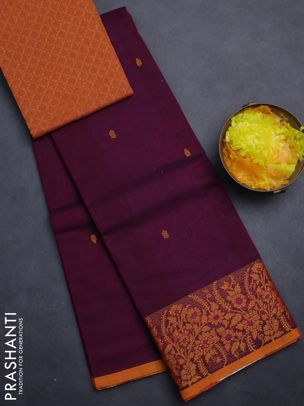 Chettinad cotton saree dark magenta ink and dark mustard with thread woven buttas and thread woven border