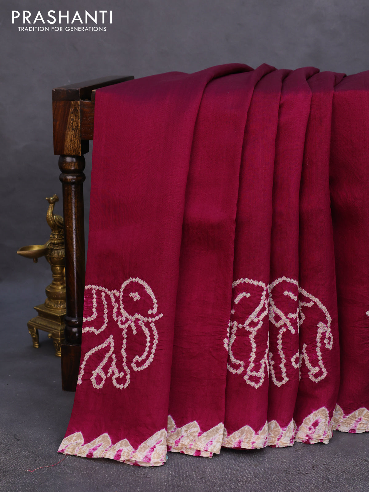 Chiniya silk saree wine shade with allover bandhani prints