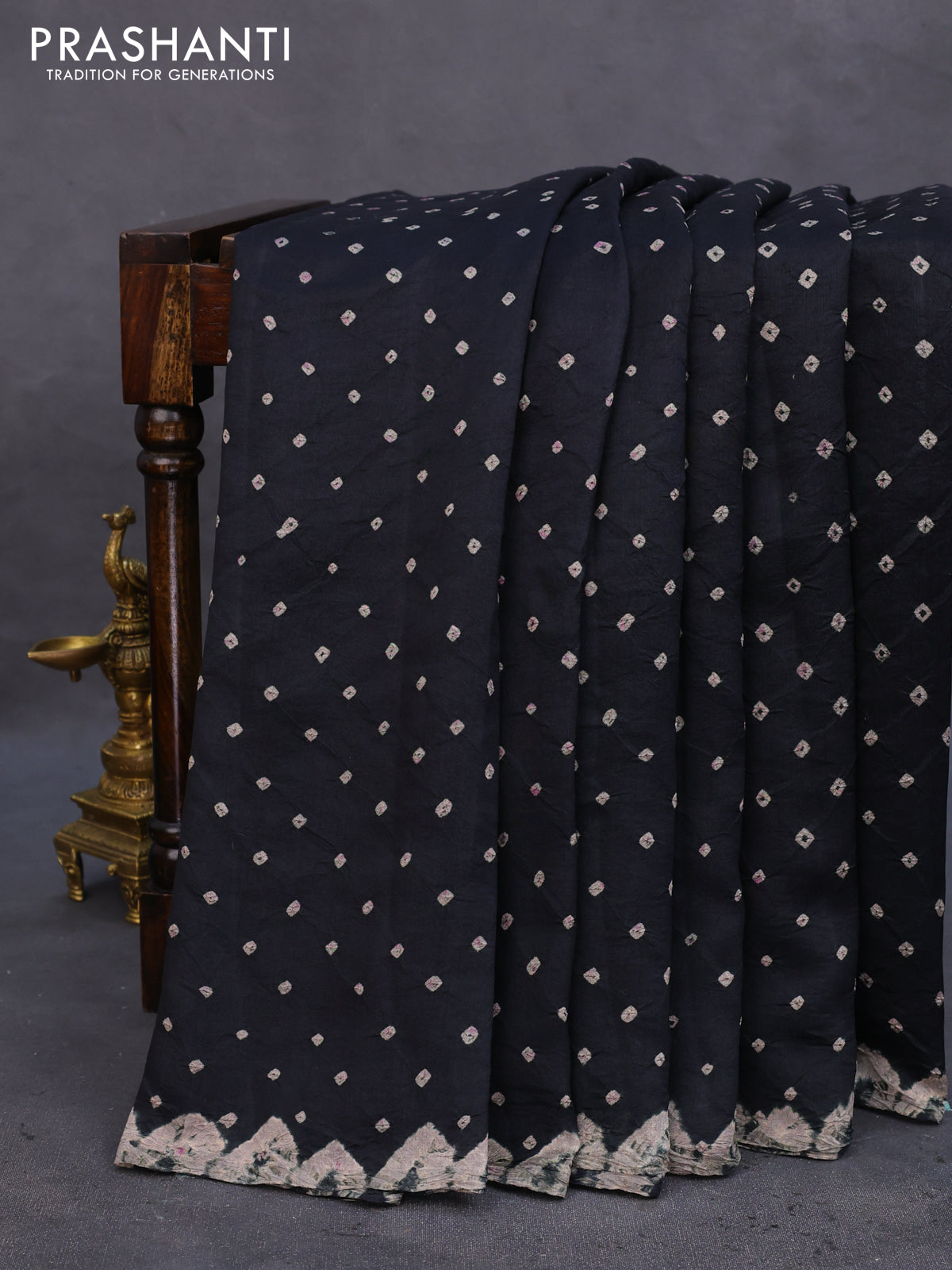 Chiniya silk saree black with allover bandhani prints