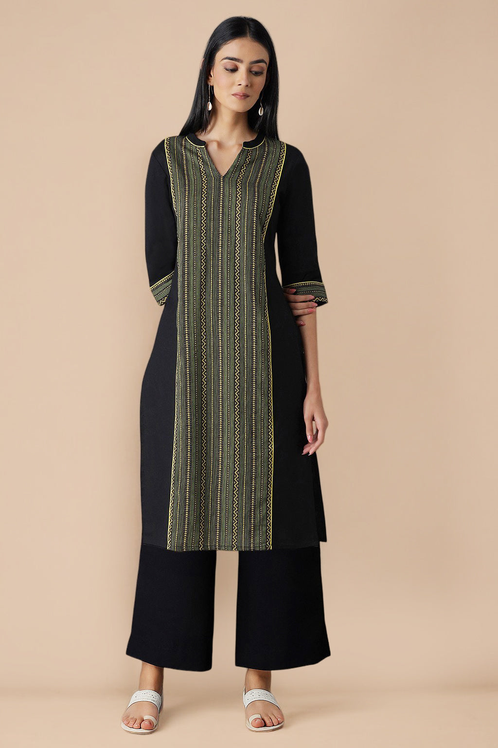 Black Geometric Printed Pure Cotton Straight Kurta and Palazzo Co-ord Set