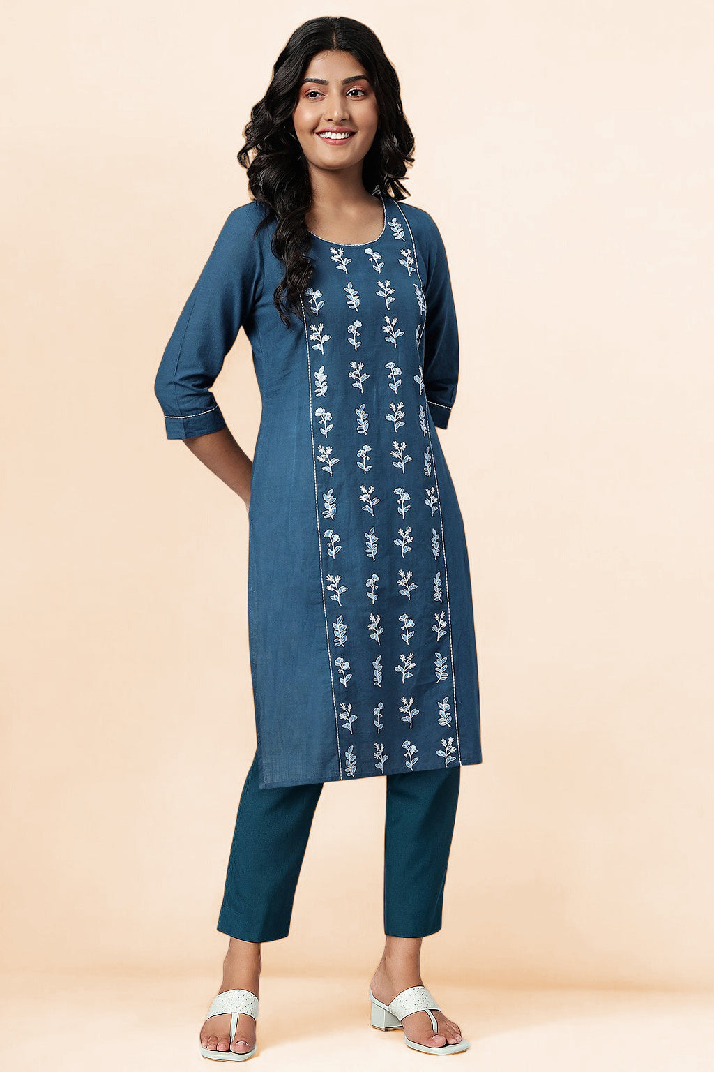 Blue Thread Embroidery Pure Cotton Straight Kurta and Trouser Set