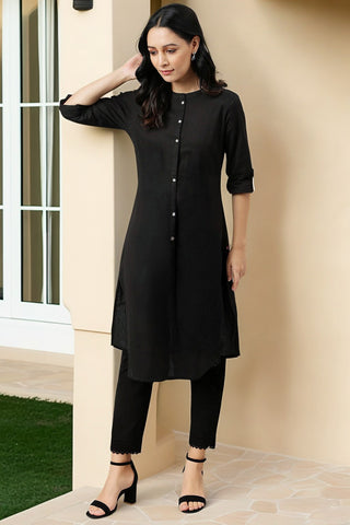 Black Cotton Blend Straight Kurta and Slim Pant Set