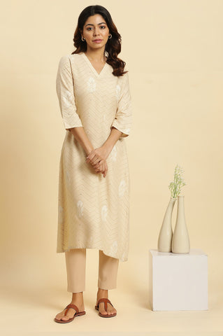 Beige Floral Printed Rayon A-Line Kurta and Slim Pant Set