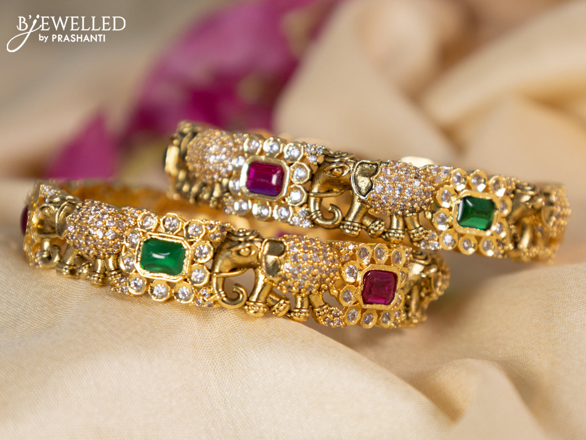 Antique bangles elephant design with kemp and cz stones