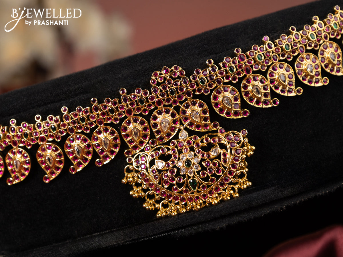 Antique hip chain manga design with kemp & kundan stones and golden beads hanging