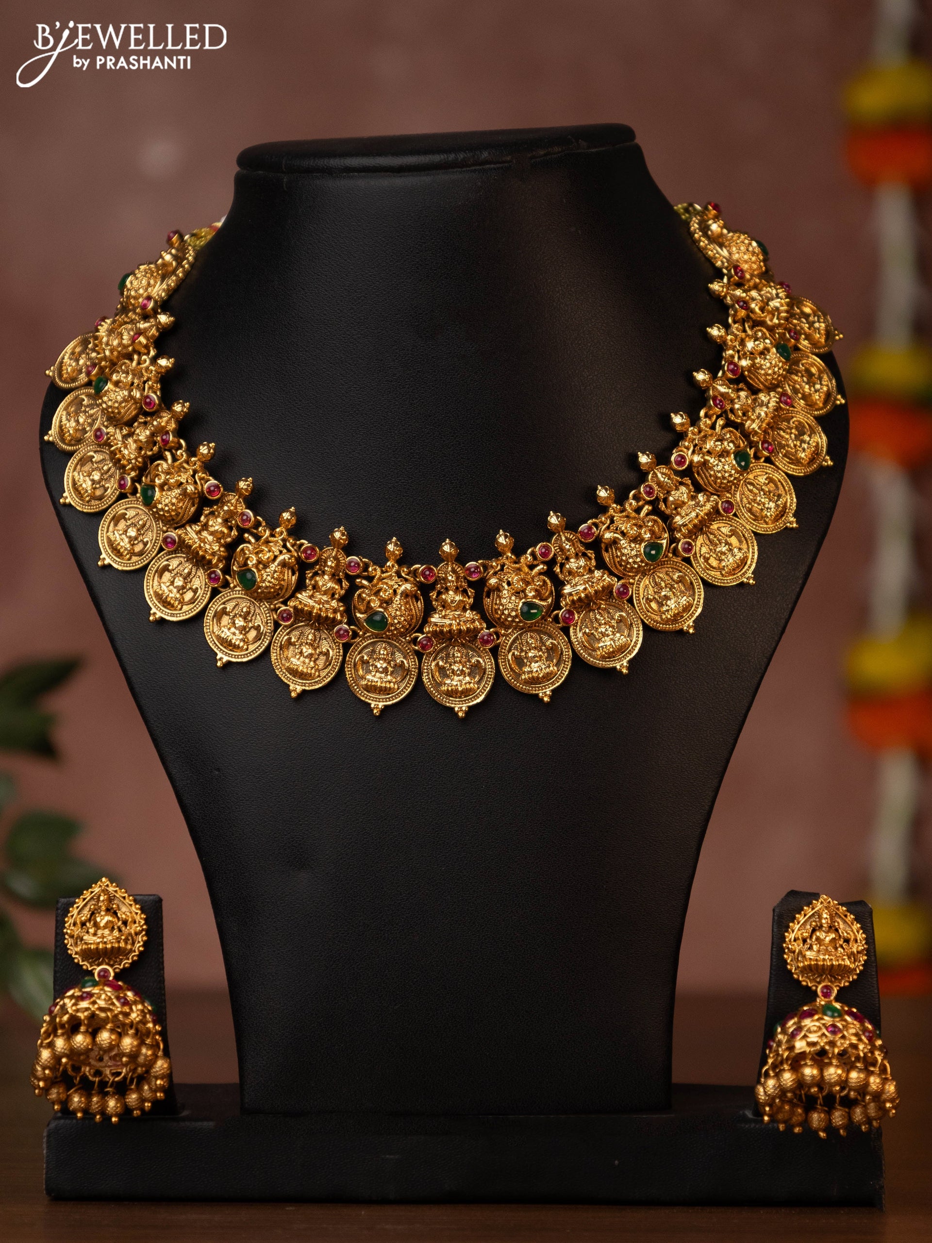 Antique necklace lakshmi kasu design with jadau stones