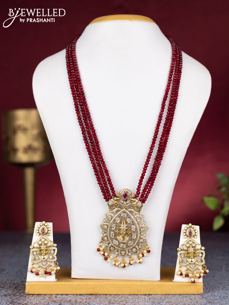 Beaded triple layer maroon necklace tirupati balaji pendant with ruby & cz stones and pearl & beads hangings in victorian finish