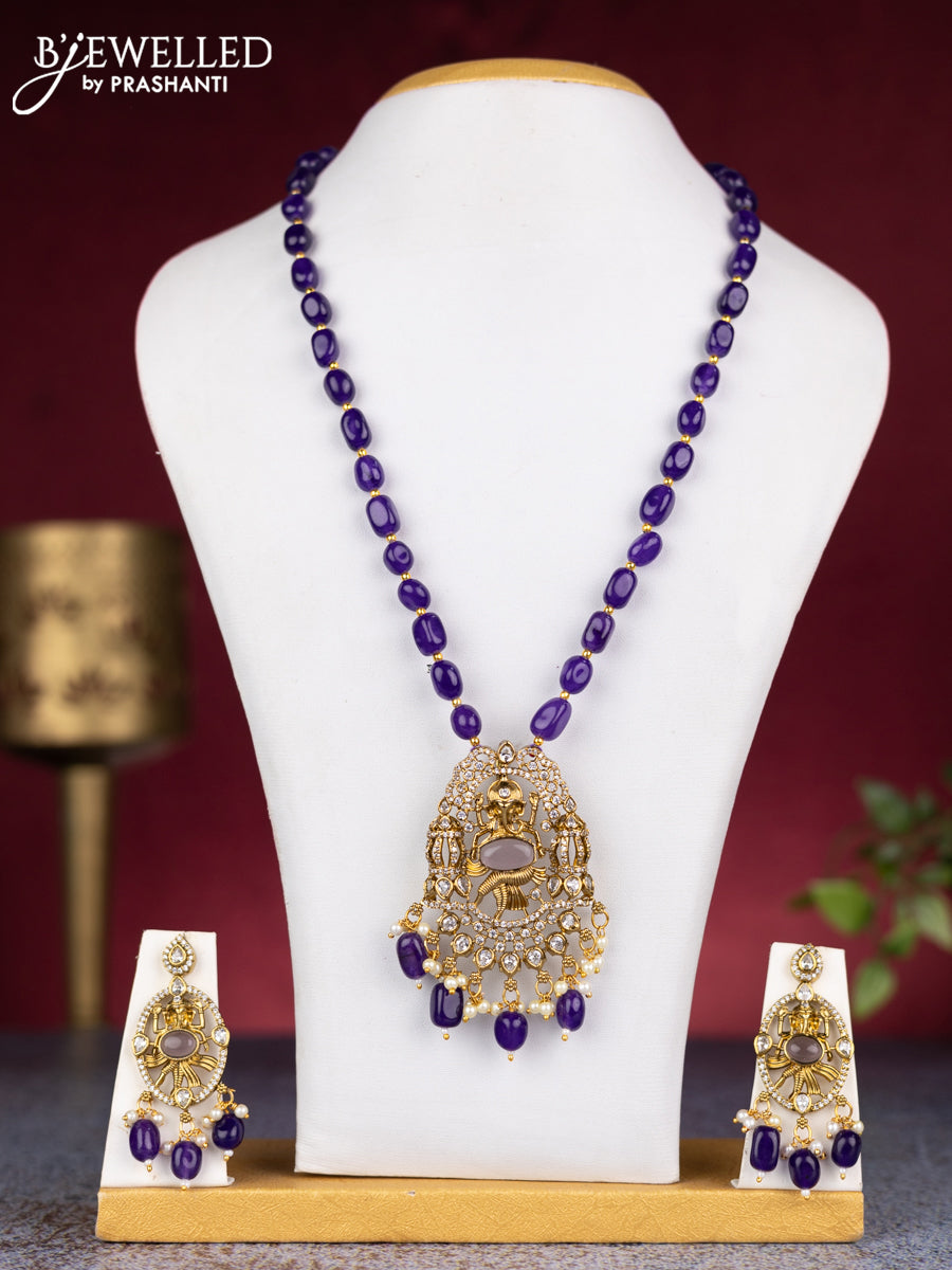 Beaded violet necklace ganesha pendant with cz stones and pearl & beads hangings in victorian finish