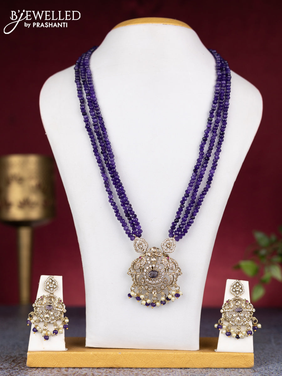Beaded triple layer violet necklace peacock design with cz stones and pearl & beads hangings in victorian finish