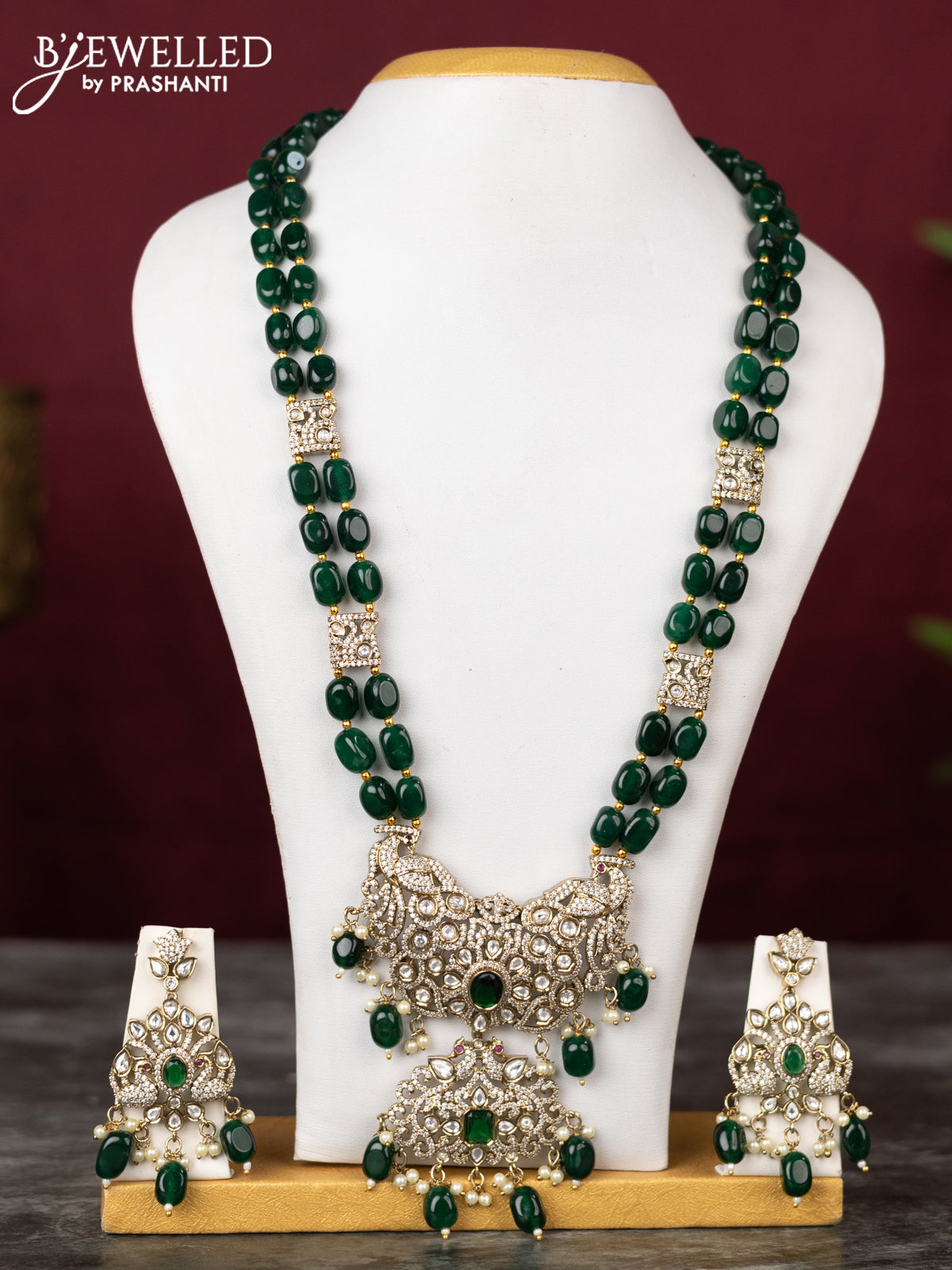Beaded double layer green haram peacock design with emerald & kundan cz stones and pearl & beads hangings in victorian finish