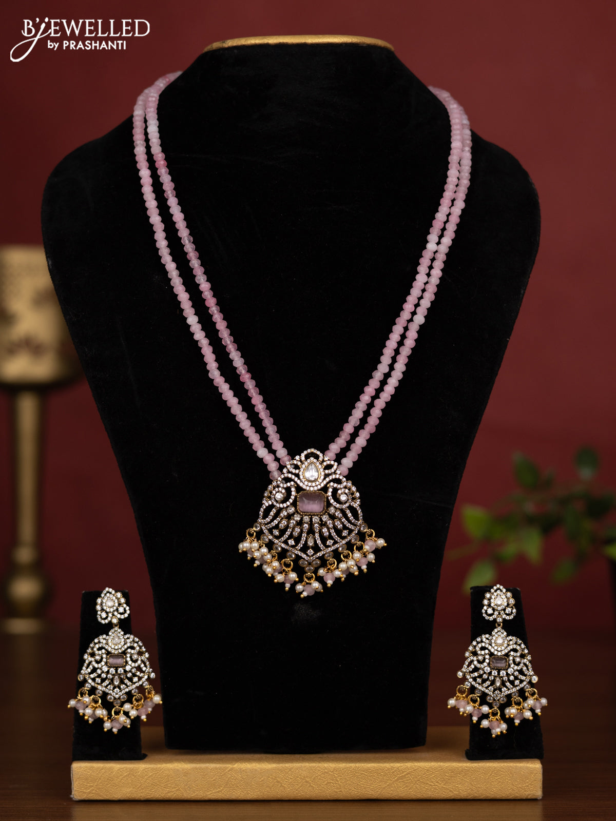 Beaded double layer baby pink necklace with kundan & cz stones and pearl & beads hanging in victorian finish
