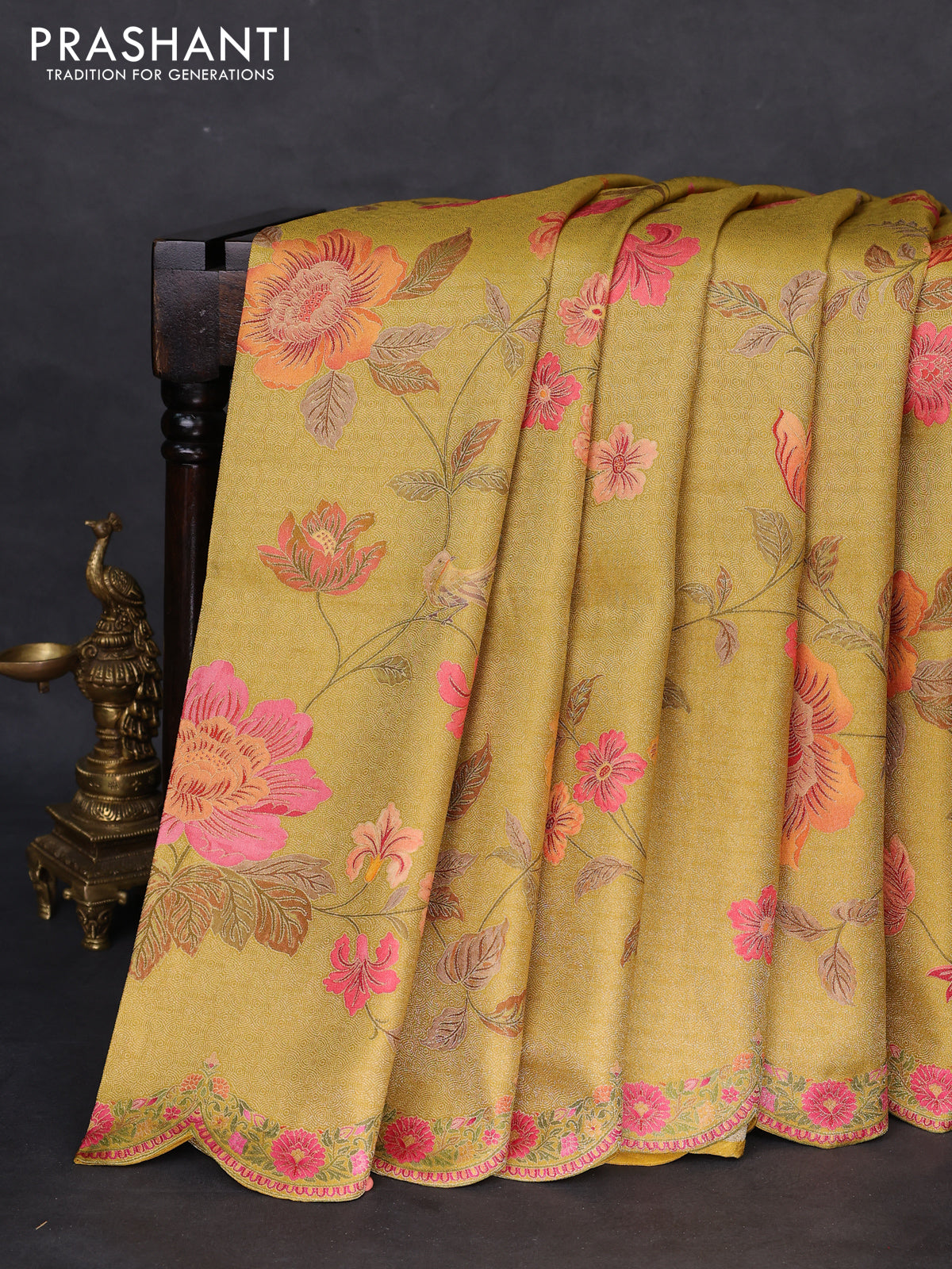 Banarasi silk saree yellow with allover floral prints and scallop design border