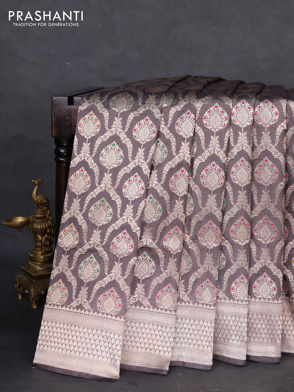 Banarasi uppada silk saree grey shade with allover zari woven brocade weaves and zari woven border