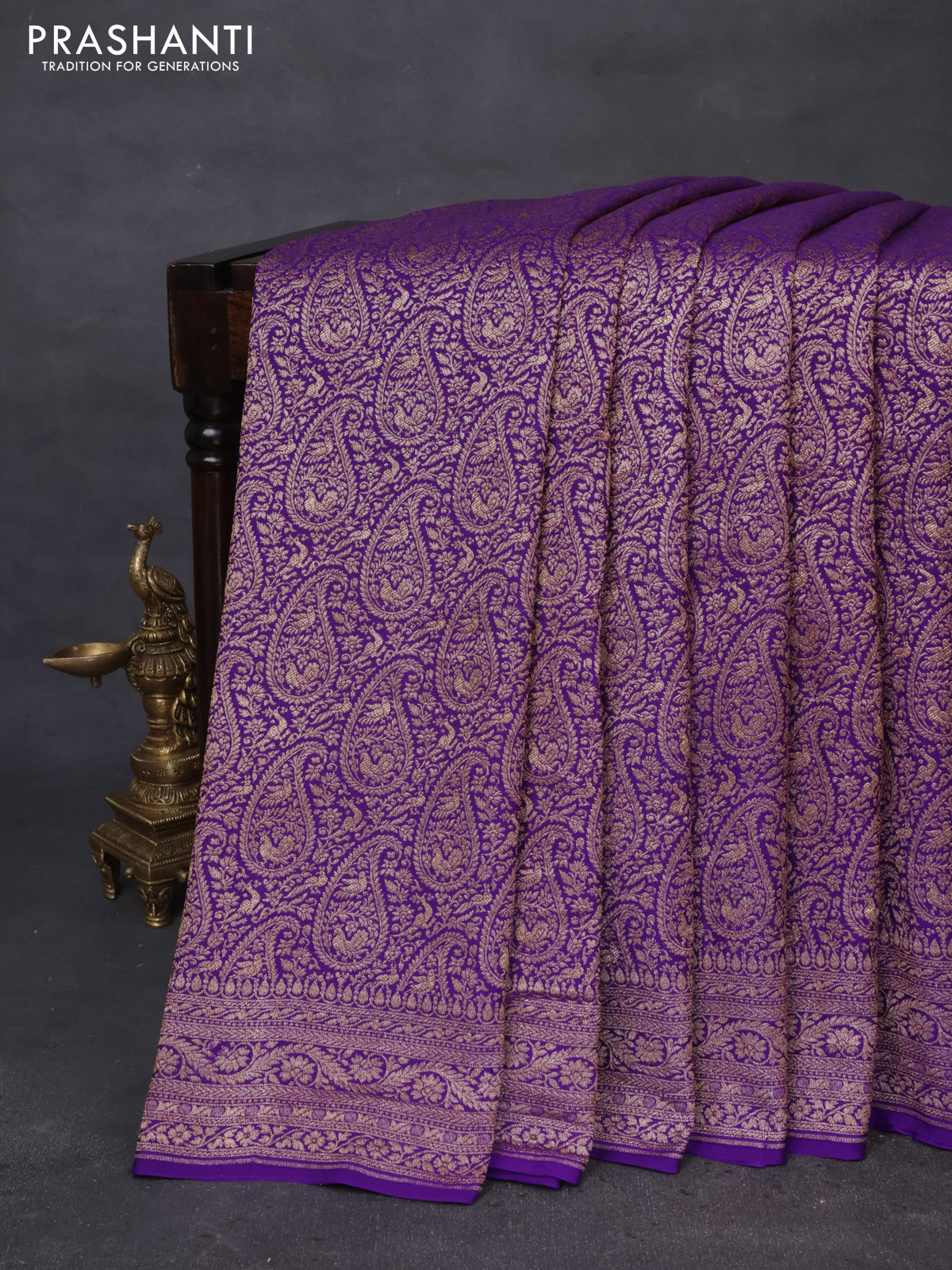 Banarasi crepe saree violet with allover thread & zari woven brocade weaves and woven border