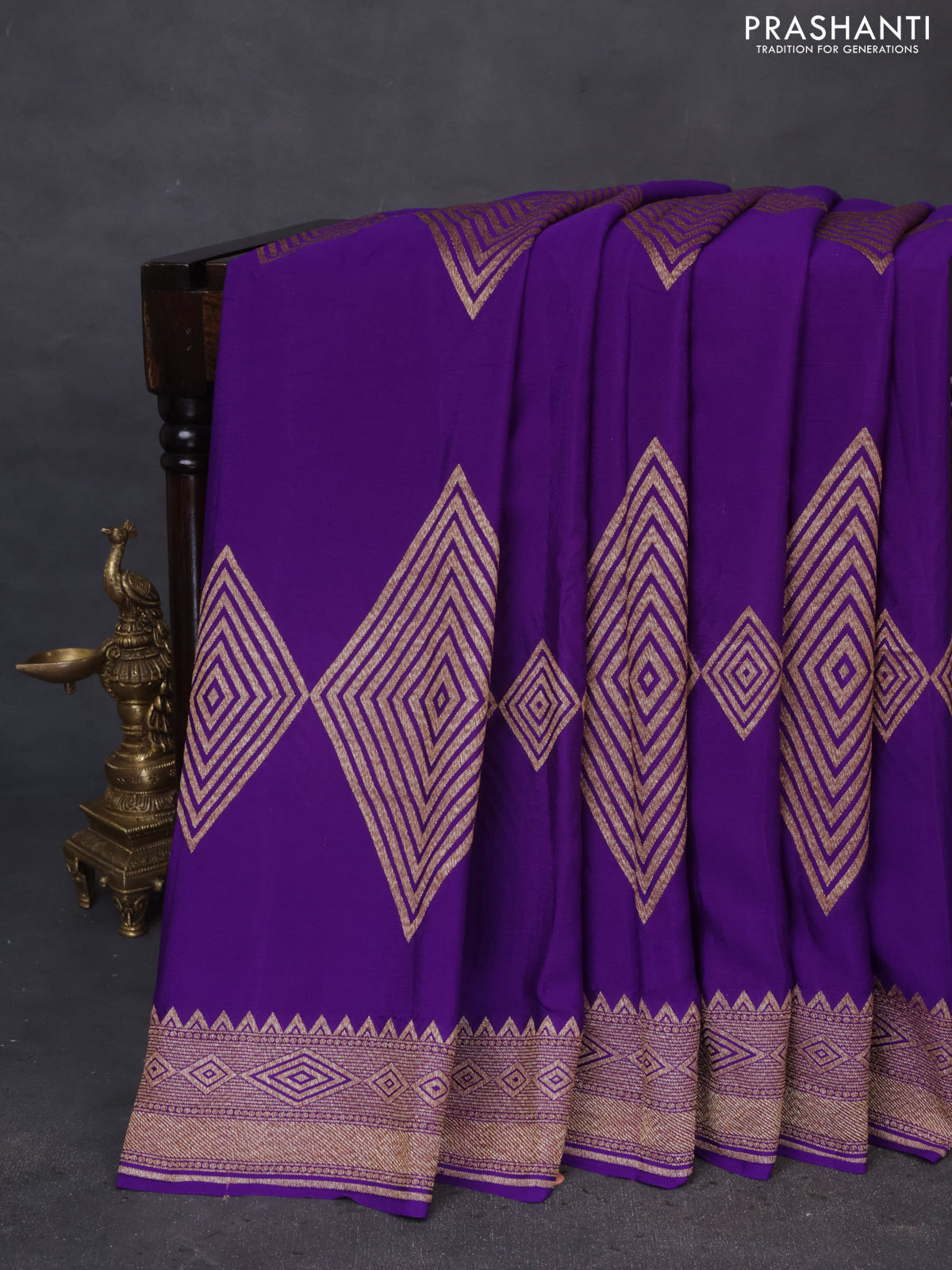 Banarasi crepe saree violet with allover thread & zari geometric weaves and woven border