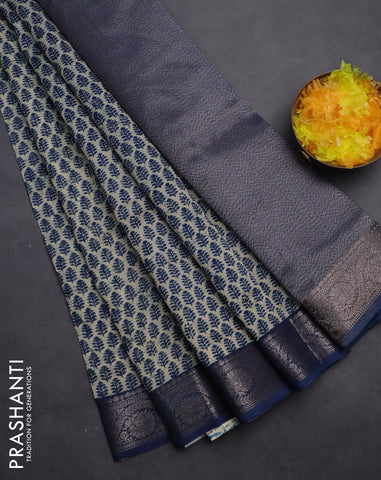 Chanderi silk cotton saree beige and peacock blue with allover butta prints and banarasi style border
