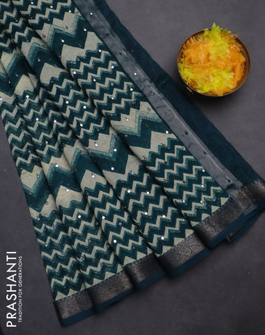 Chanderi silk cotton saree peacock green and beige with allover zig zag prints & mirror work and woven border