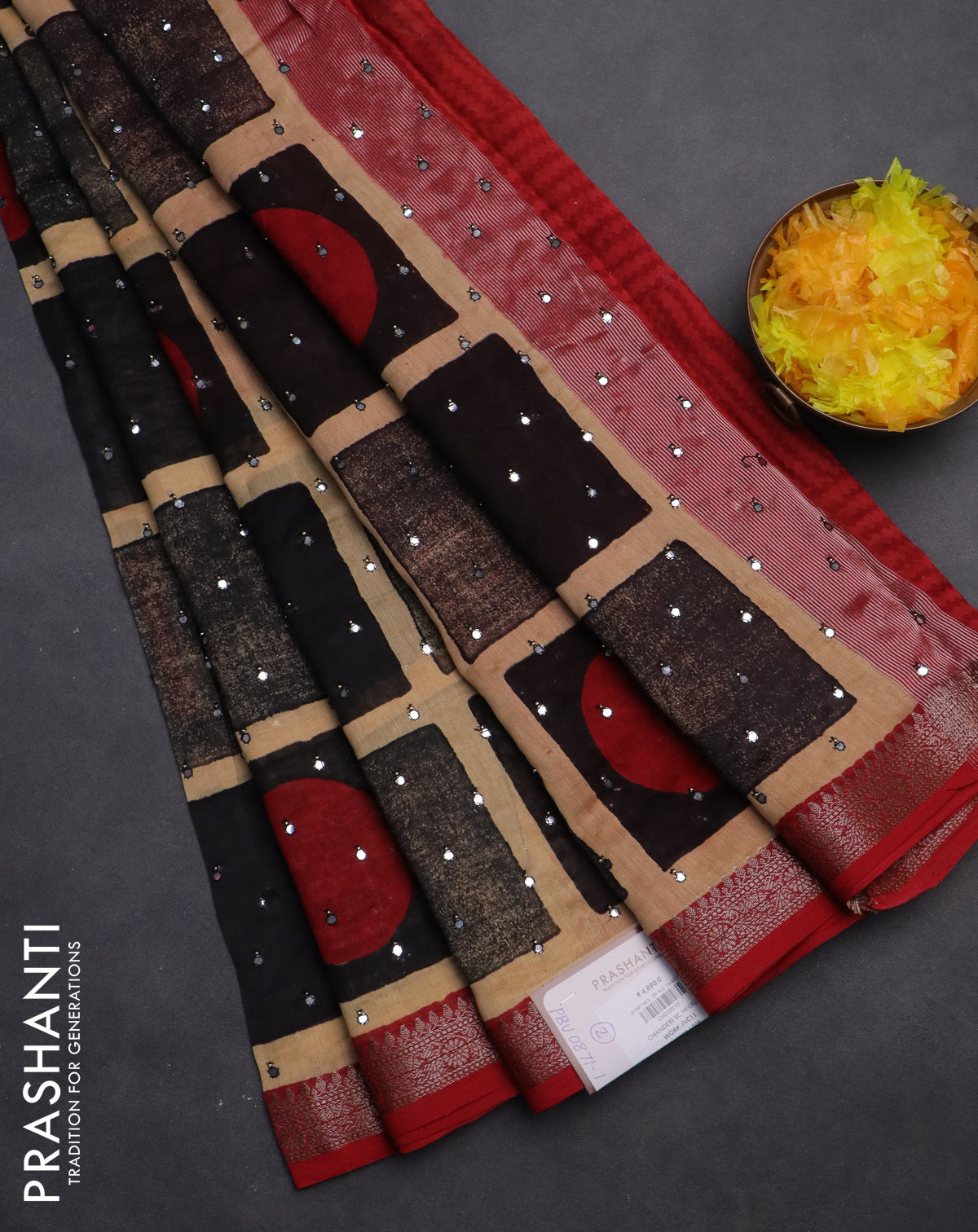 Chanderi silk cotton saree black sandal and kumkum red with allover geometric prints & mirror work and woven border