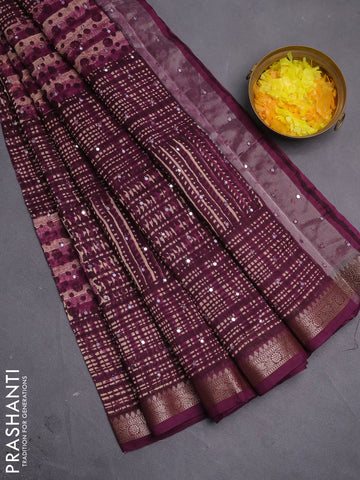 Chanderi silk cotton saree purple with allover geometric prints & mirror work and woven border