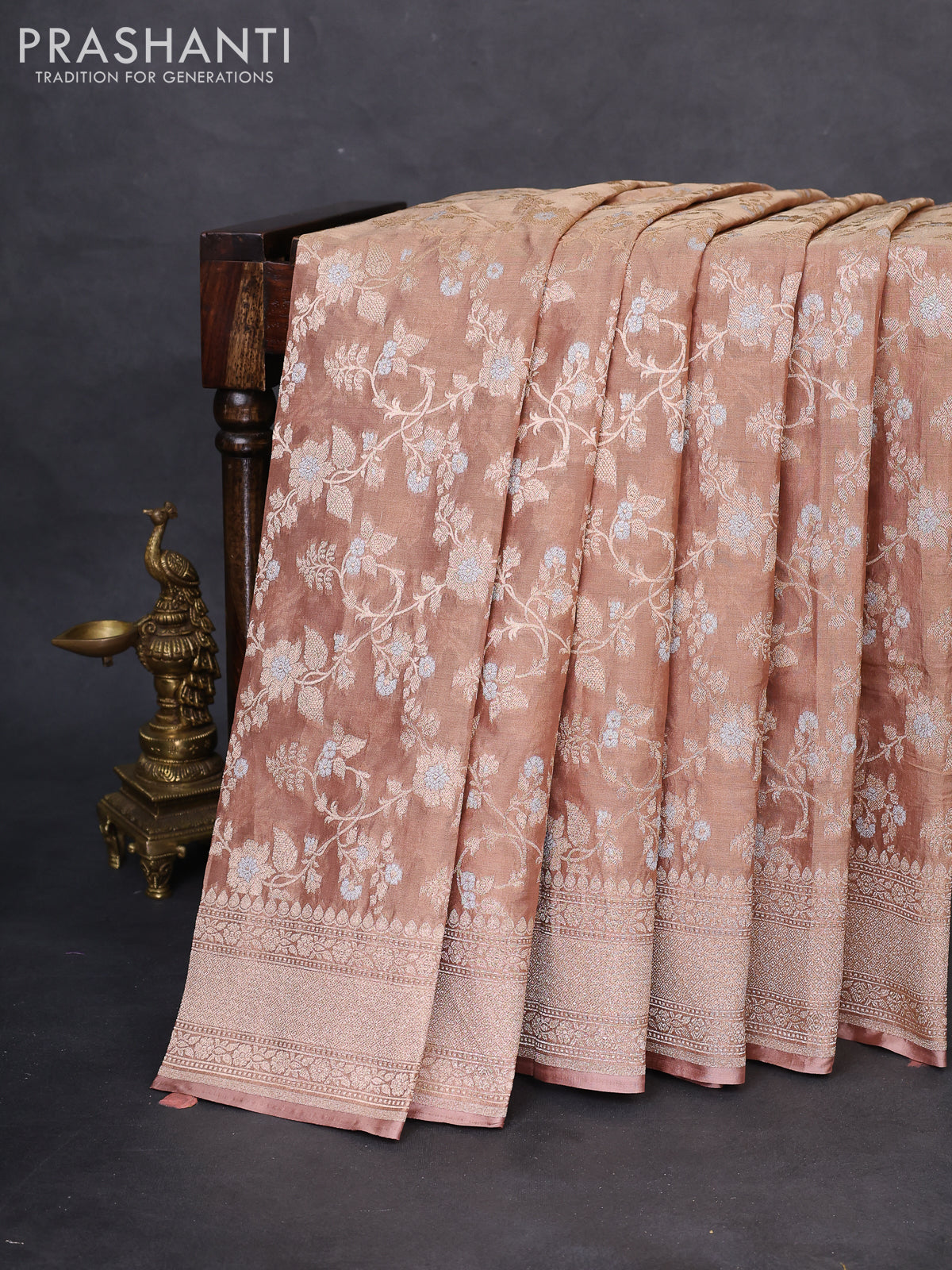 Banarasi tissue silk saree dark sandal with allover silver & gold zari weaves and zari woven border