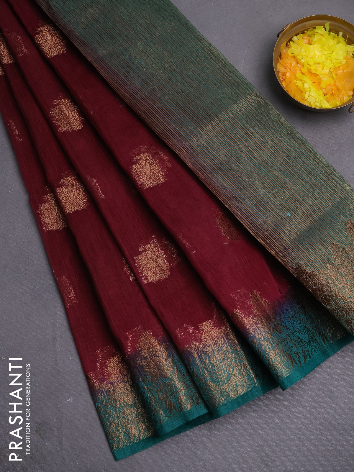 Banarasi semi matka saree wine shade and green with thread & zari woven buttas and banarastyle border