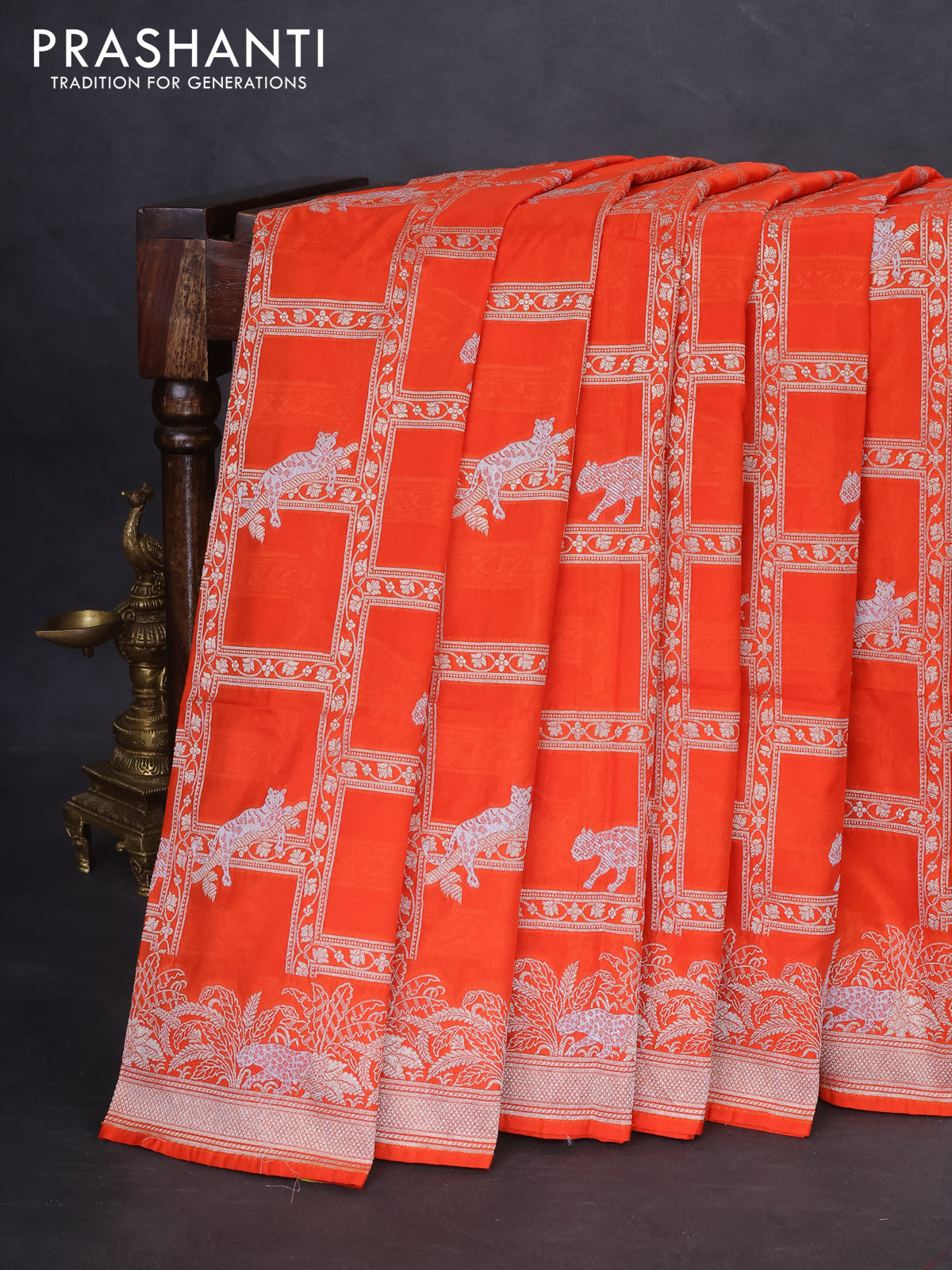 Banarasi semi katan silk saree orange with allover silver & gold zari weaves and zari woven border