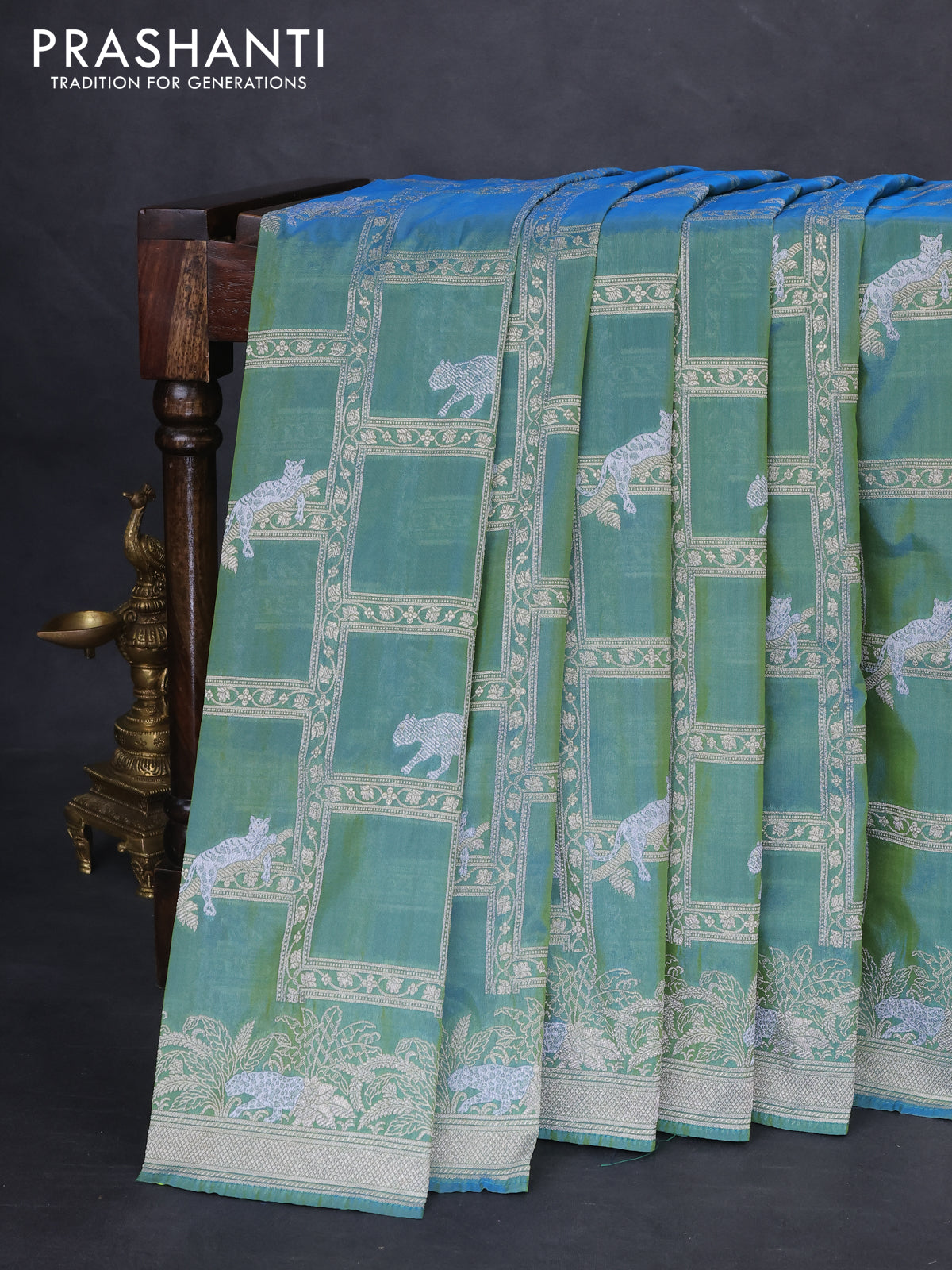 Banarasi semi katan silk saree dual shade of teal bluish green with allover silver & gold zari weaves and zari woven border