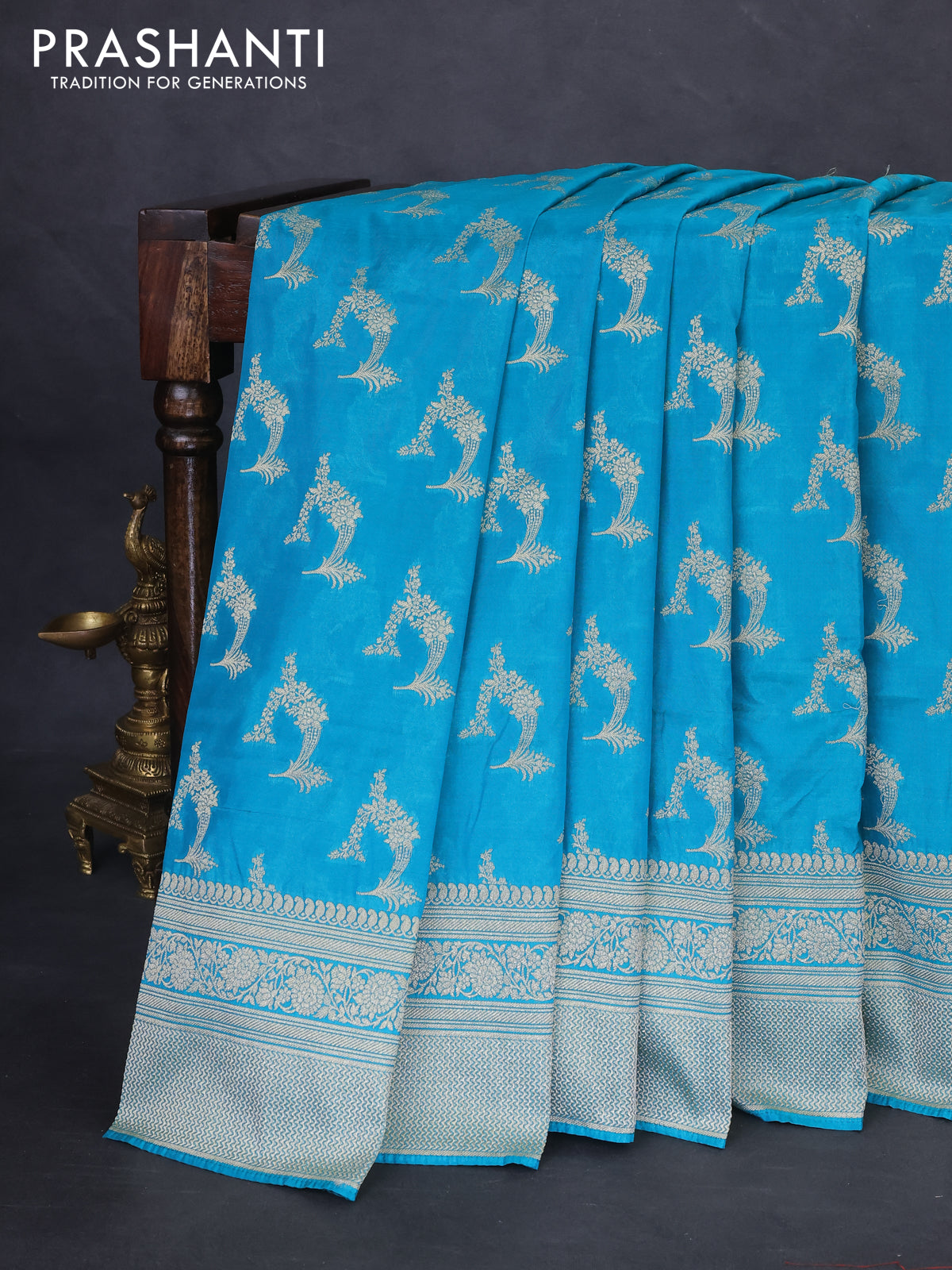 Banarasi semi katan silk saree teal blue with zari woven buttas and zari woven border