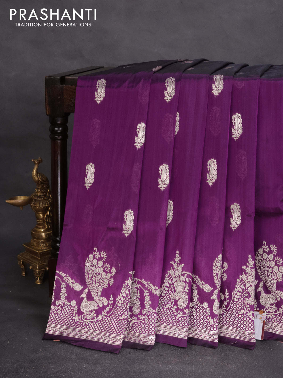 Banarasi semi katan silk saree purple with zari woven buttas and rich zari woven border