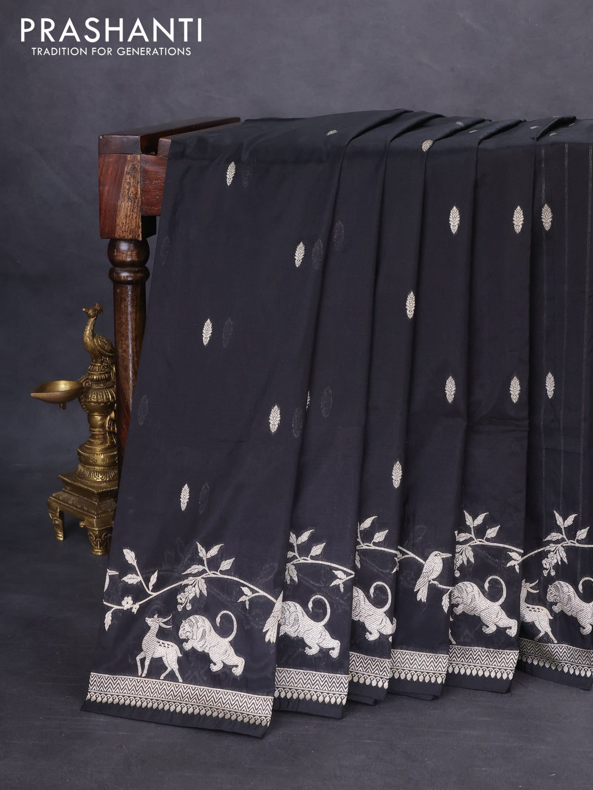 Banarasi semi katan silk saree black with allover zari woven buttas and rich zari woven border