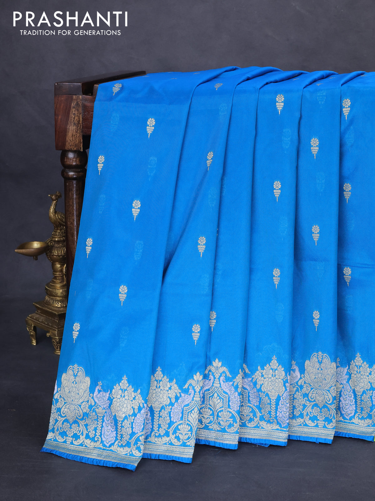 Banarasi semi katan silk saree cs blue with zari woven buttas and zari woven border
