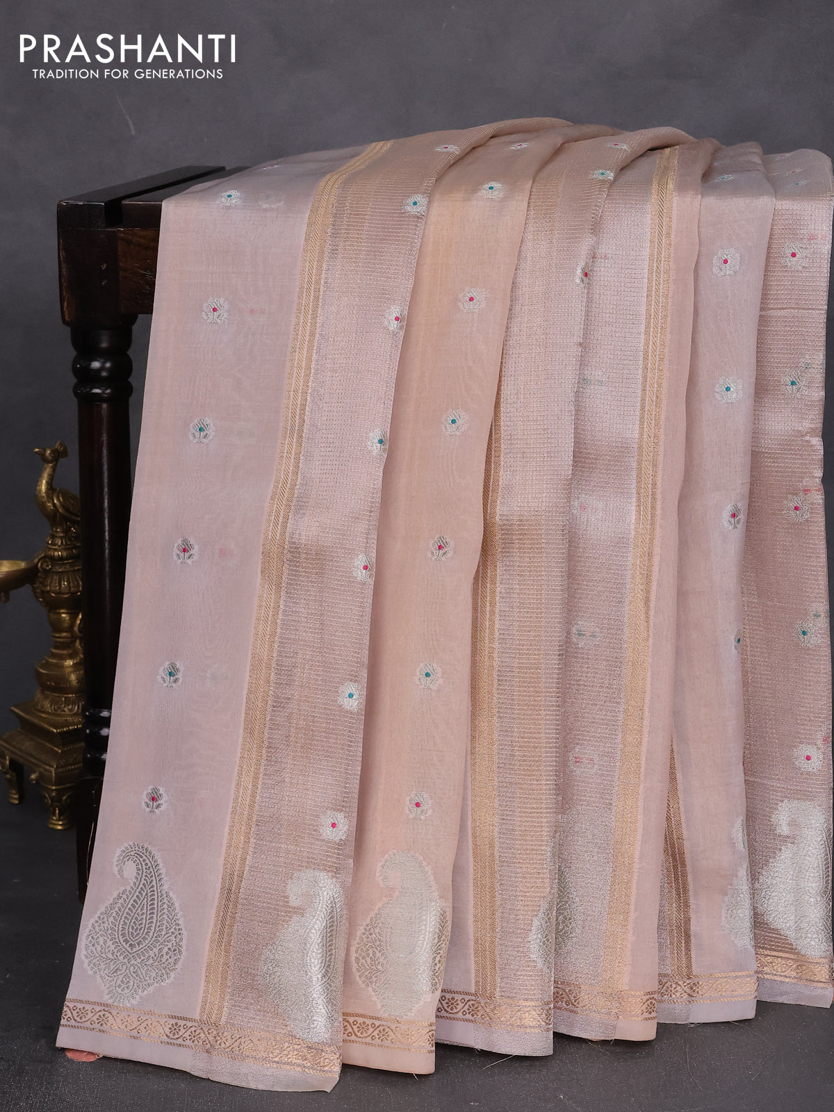 Banarasi tissue semi silk saree beige and pale orange with zari weaves & floral buttas and silver zari woven butta border