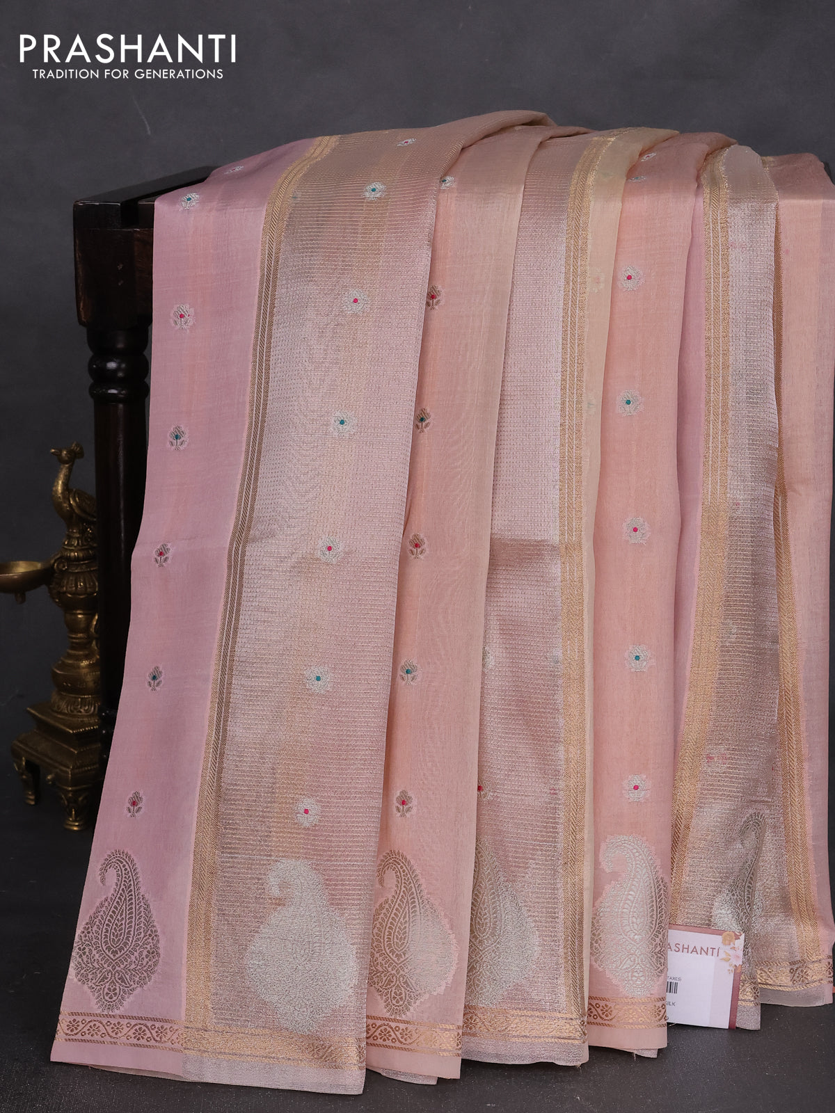 Banarasi tissue semi silk saree peach pink and beige with zari weaves & floral buttas and silver zari woven butta border