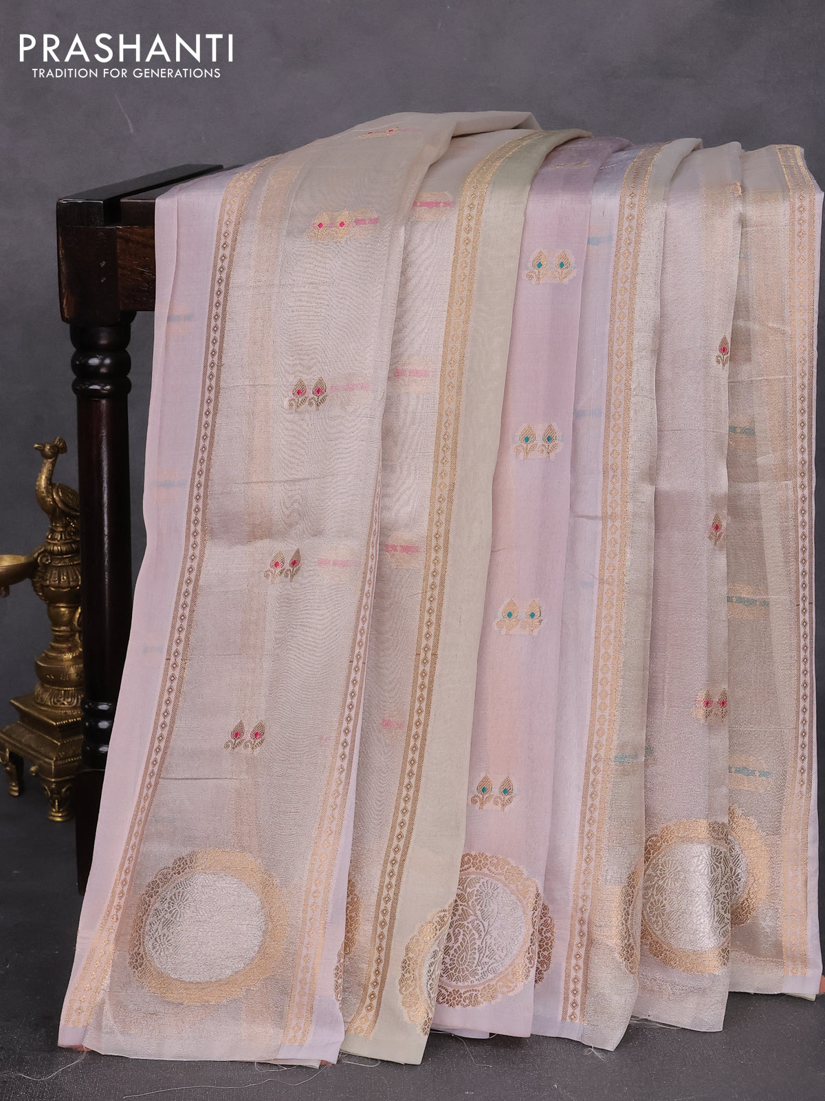 Banarasi tissue semi silk saree pastel grey and pastel pink shade with zari weaves & buttas and zari woven butta border