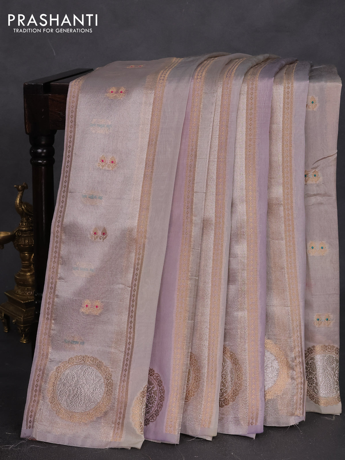 Banarasi tissue semi silk saree pastel grey with zari weaves & buttas and zari woven butta border