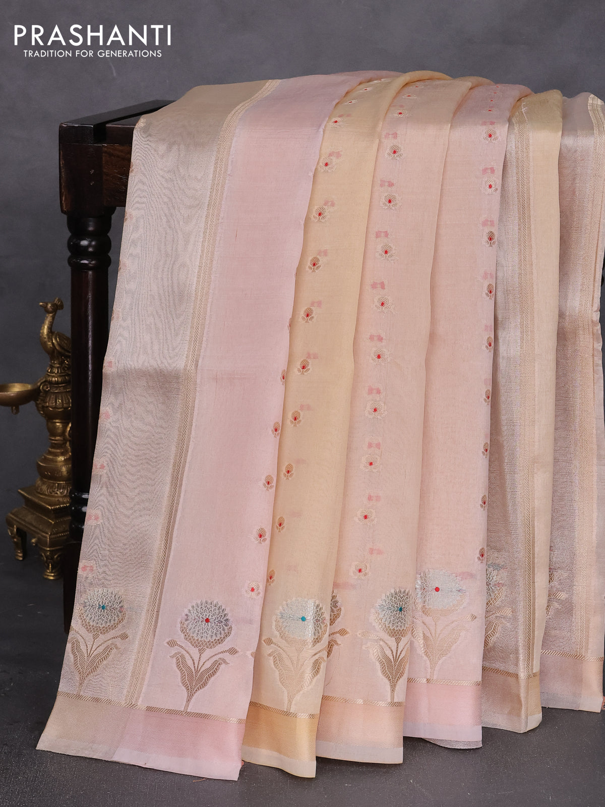 Banarasi tissue semi silk saree sandal with zari weaves & buttas and floral zari woven butta border