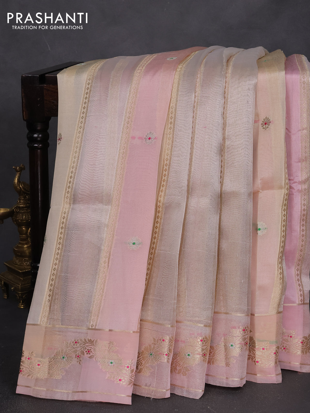 Banarasi tissue semi silk saree sandal and mild peach pink with zari weaves & buttas and zari woven border