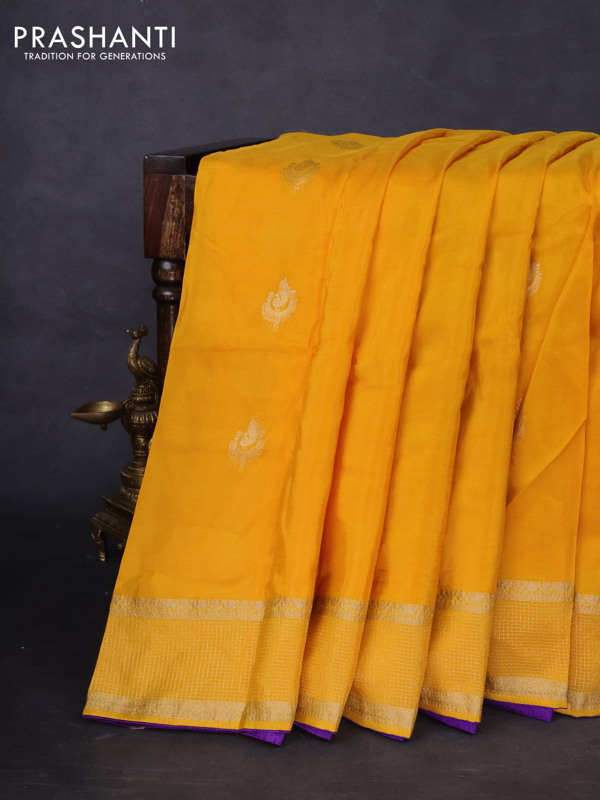 Banarasi silk saree yellow and violet with annam zari woven buttas and zari woven border