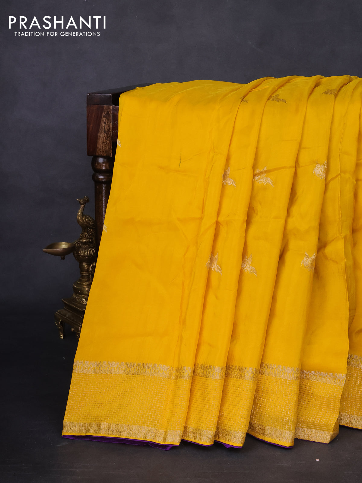 Banarasi silk saree yellow and violet with zari woven brids buttas and zari woven border