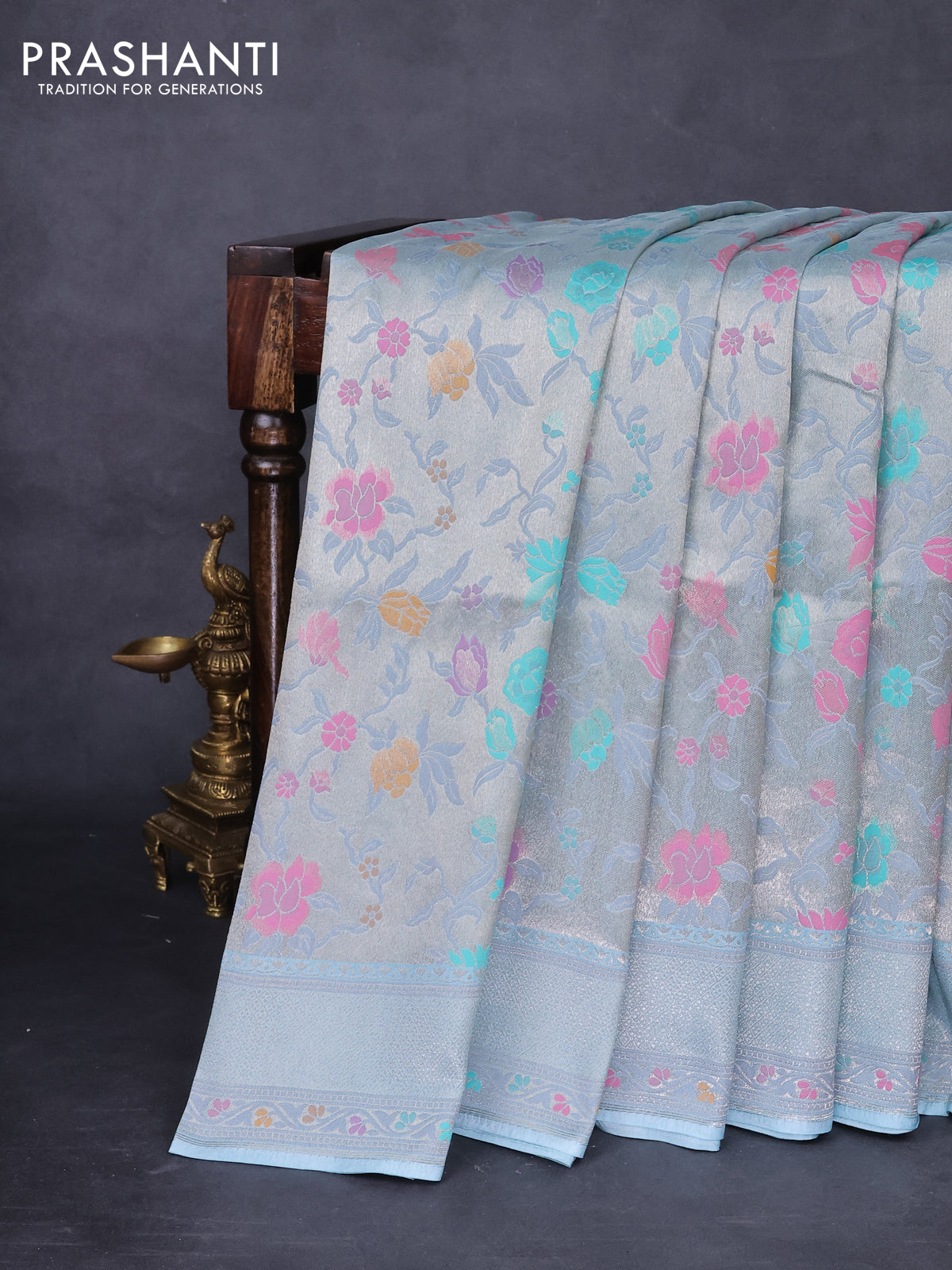 Banarasi tissue silk saree pastel blue with allover thread woven floral weaves and silver zari woven border