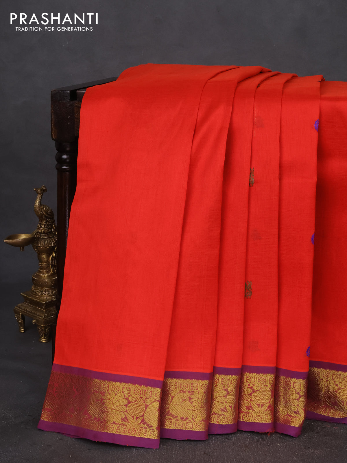10 Yards silk cotton saree red and blue with thread woven buttas and zari woven border
