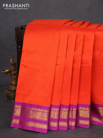 10 Yards silk cotton saree orange and purple with plain body and zari woven korvai border