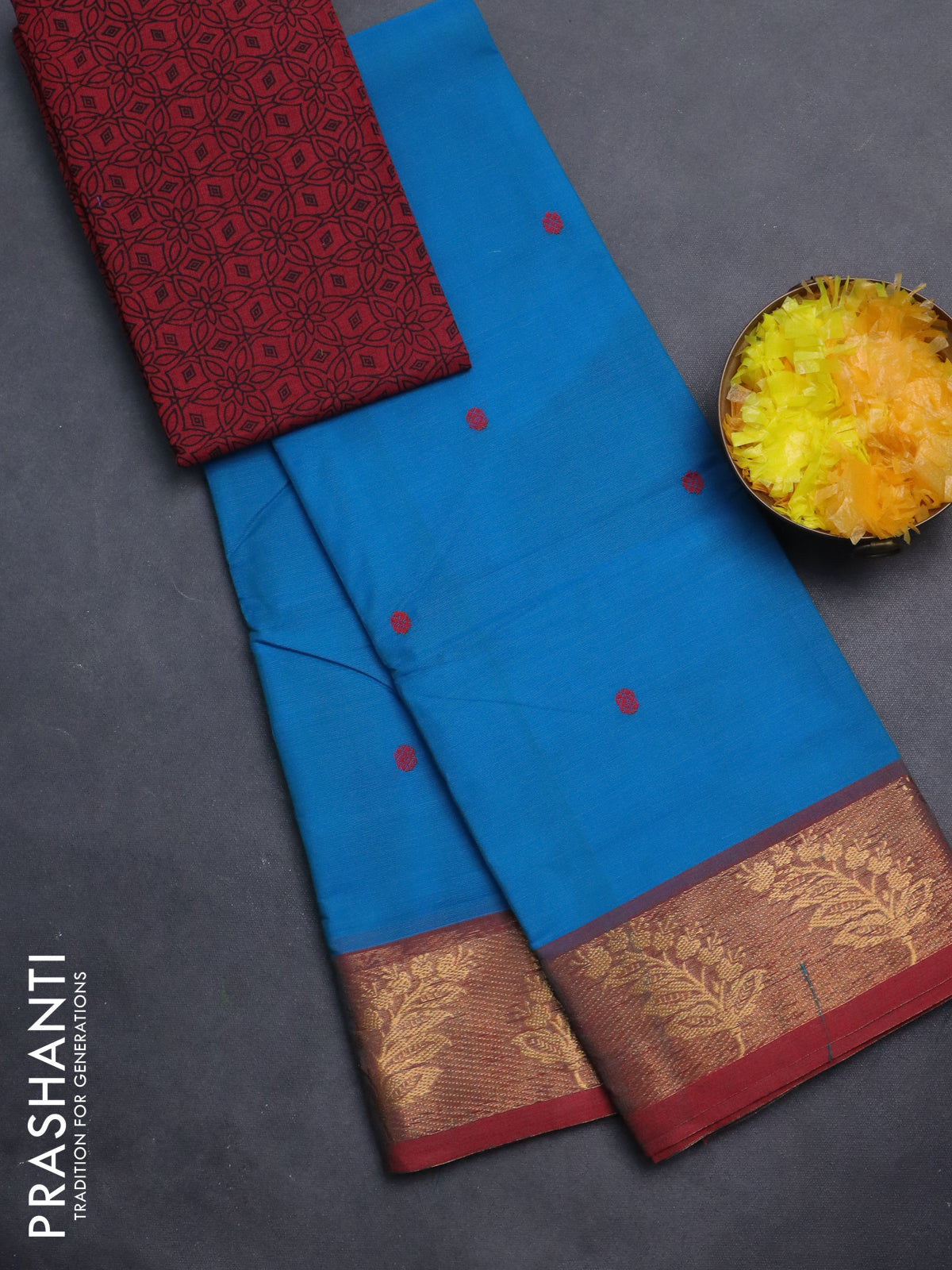 Chettinad cotton saree cs blue and maroon with thread woven buttas and zari woven border