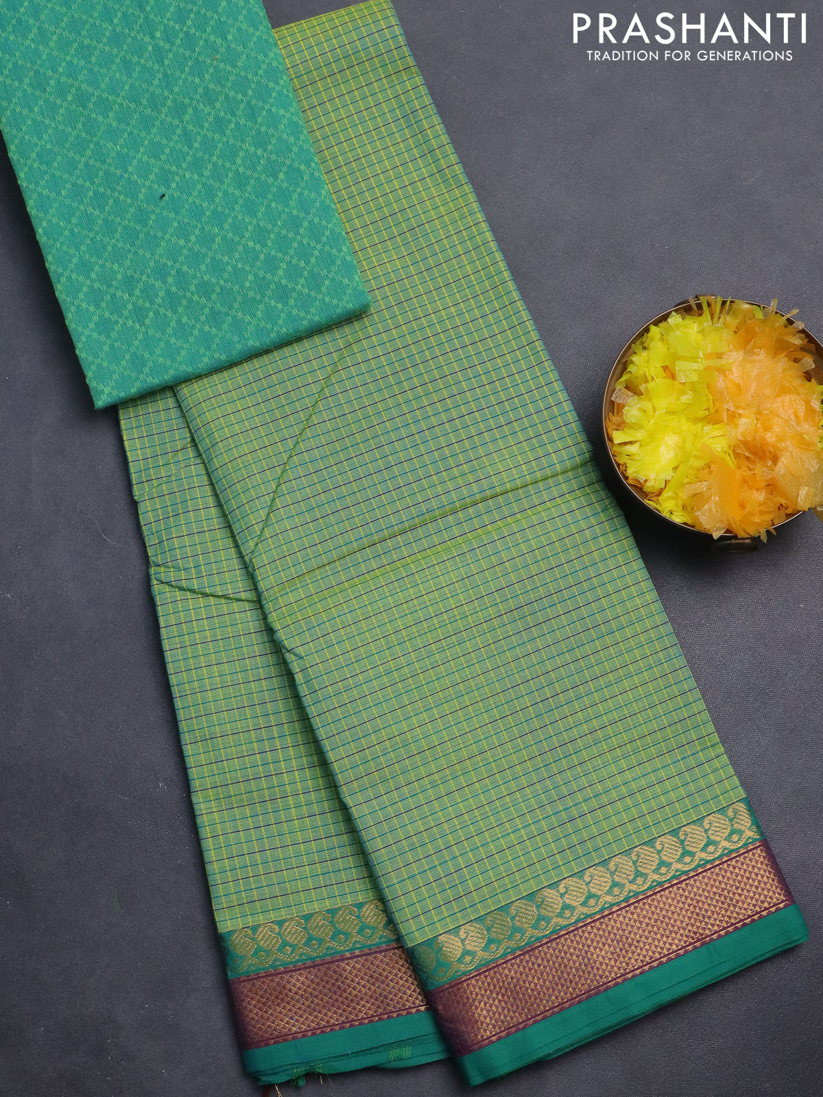 Chettinad cotton saree teal green with allover small checked pattern and zari woven border