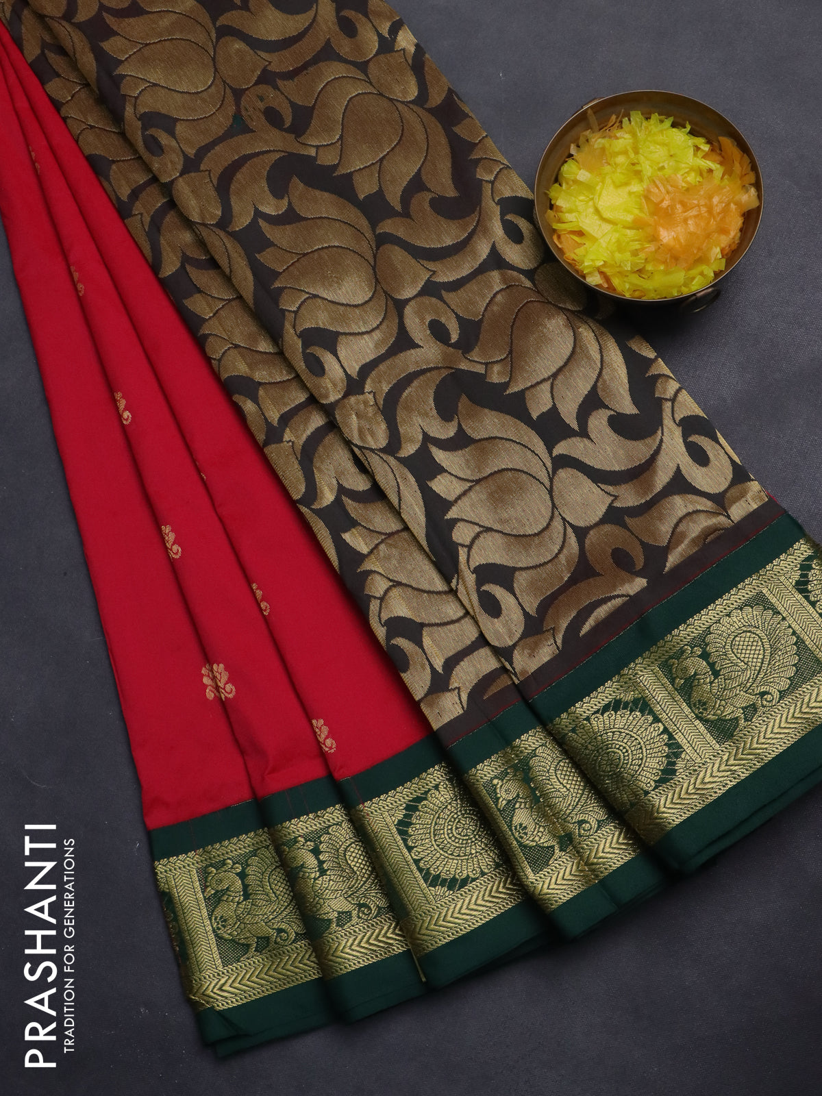 10 Yards salem silk saree reddish pink and green with zari woven buttas and zari woven korvai border