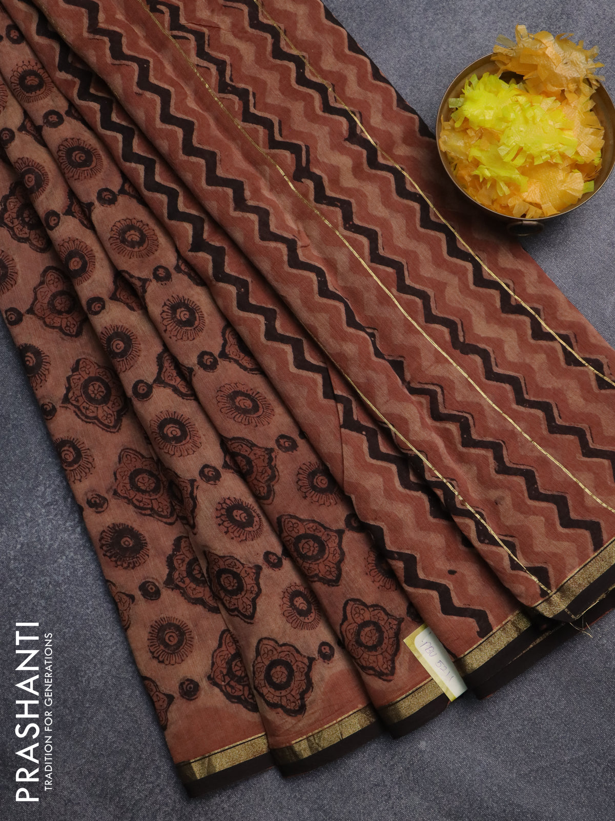 Chanderi bagru saree pastel brown and black with allover ajrakh prints and small zari woven border
