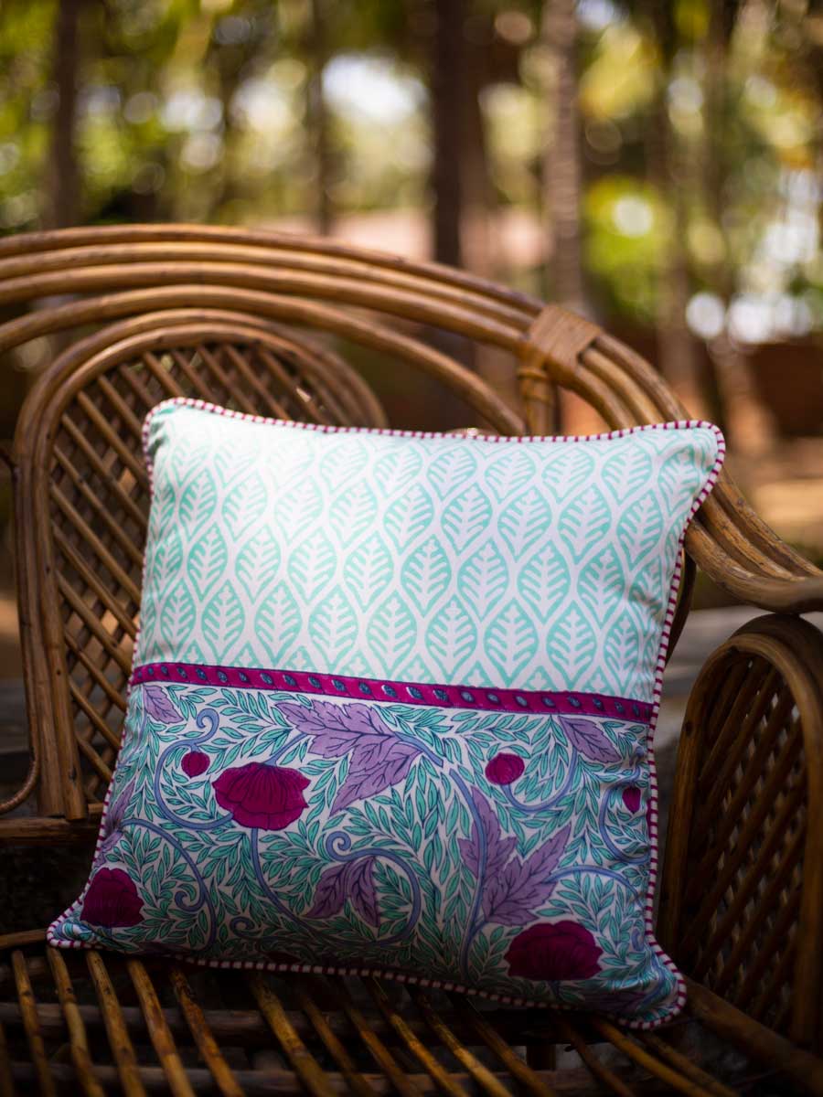 Fields of Lavender Block Printed Cotton Cushion Cover - 16 Inch